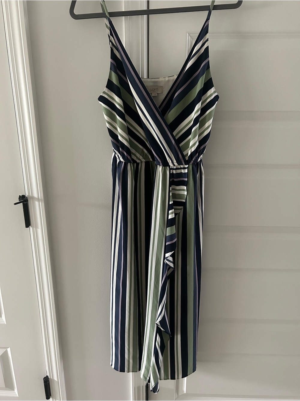 LOFT Striped V-Neck Midi Dress in Navy, Green & White